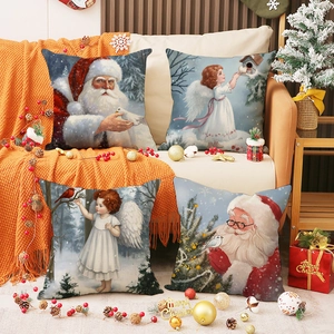Vintage Christmas Linen Cushion Cover Santa Claus Angel Pattern Oil Painting Style Throw Pillow Case For Sofa Home Living Room Decor