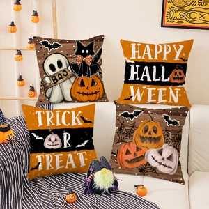 Halloween Pompoen Geest Zwarte Kat Print Kussensloop Kort Pluche Decoratieve Kussenhoes Voor Sofa Woonkamer Huis Decoratie