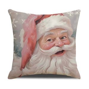 Federa quadrata in lino natalizia con stampa realistica di Babbo Natale per decoro casa