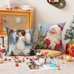 Christmas Santa Claus and angel girl printed pillow covers in rustic linen style