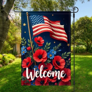 Welcome garden flag with US flag patterns and red poppies on outdoor metal stand