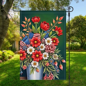 Patriotic garden flag with floral bouquet in metal bucket and US flag elements