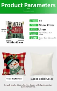 Detail view of 45x45cm Christmas snowman linen pillowcase with digital print parameters