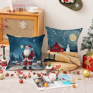 Linen Christmas pillow covers with Santa Claus and winter cabin prints for home decor