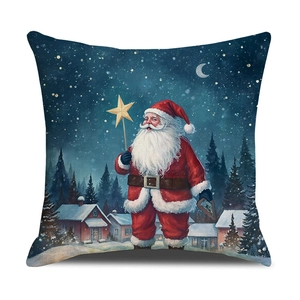 Vintage Santa Claus linen pillow cover with festive hand-painted snow cabin scenery