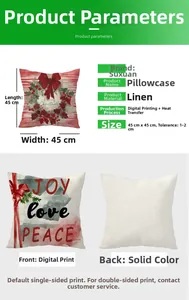 Detailed view of linen Christmas pillowcase specifications with digital printing features