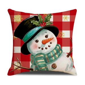 Christmas snowman pattern square cushion cover with red and white plaid background decoration