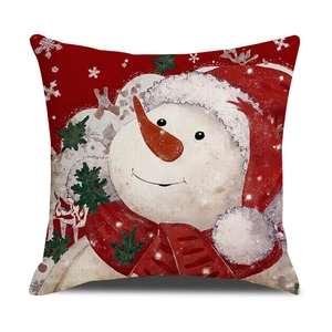 Christmas linen pillowcase with cute snowman print on red background, 45x45cm square size