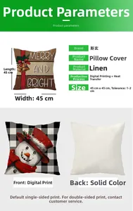 Detail view of 45x45cm linen Christmas pillowcase with snowman print and merry bright text