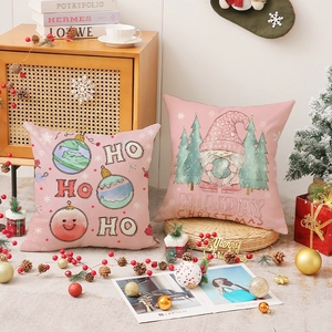 Rosa Weihnachts-Kissenbezüge mit Zwergenmotiv und Text-Druck aus Leinenstoff für Deko