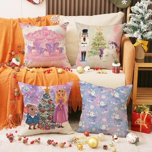 Christmas Decorative Pillow Covers Linen Blend Nutcracker Carousel Unicorn Mouse Print Square Cushion Case Home Sofa Decor