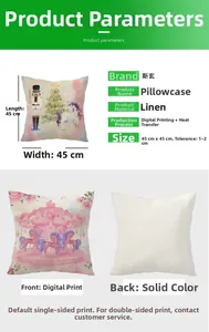 Detail of linen Christmas pillowcase showing nutcracker and unicorn digital printing