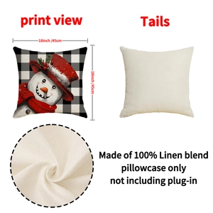 Linen Christmas pillow case with snowman print and black white checkered pattern