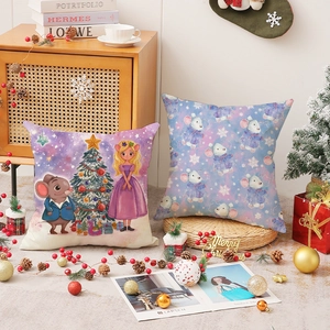 Christmas themed linen pillow covers with cute holiday mouse and tree illustrations