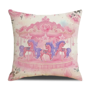 Linen decorative pillow cover with pink carousel and floral print for sofa decor