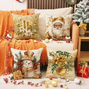 Christmas Pillowcase Set Linen Blend Gold Festive Decorative Santa Snowman Cushion Cover For Home Living Room Sofa Decor