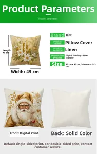 Linen Christmas pillowcase detail showing 45x45cm size and digital printing tech