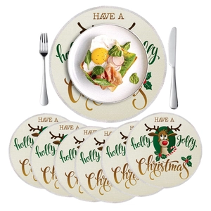 Set of 6 round Christmas placemats featuring cartoon reindeer and Holly Jolly text