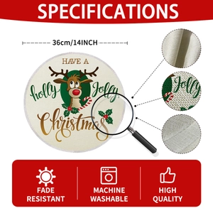 Round Christmas placemat with reindeer design, 14 inch linen fabric table decoration