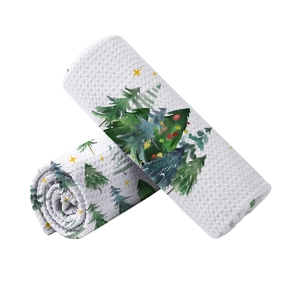Waffle weave white kitchen towels with watercolor Christmas tree patterns