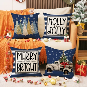 Dunkelblau Weihnachten Leinen Kissenbezug Merry Bright Holly Jolly Druck Retro LKW Dekorativer Kissenbezug Haus Dekor