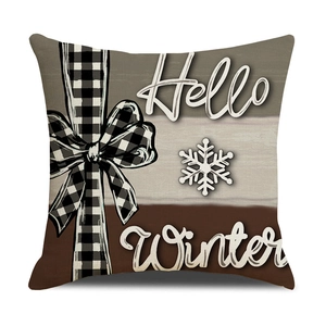 Hello Winter Christmas linen pillowcase with snowflake patterns and plaid ribbon design