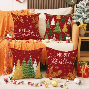 Federa Natalizia Rossa in Lino Set Decorativo Albero di Natale Fiocco di Neve Copricuscino per Divano Casa Soggiorno Decorazione