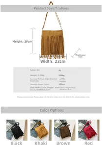 Detailed view of women's tassel crossbody bag with dimensions and product specifications