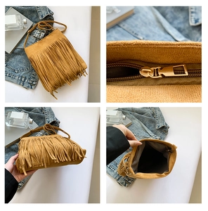 Close-up of brown suede fringe bag details with zipper closure and long tassels