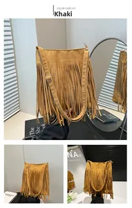 Close-up of khaki suede shoulder bag featuring dense fringe tassels and silver buckle