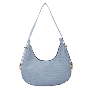 Light blue crescent shoulder bag with twill texture and gold buckle on white background