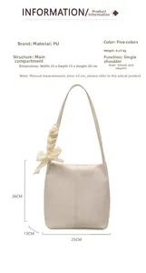 Detailed size chart of a beige PU leather bucket bag with lace bow and 25x13x26 cm specs