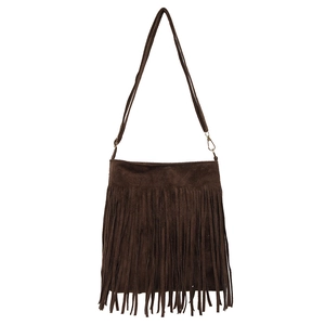 Vintage brown suede shoulder bag with fringe detail and metallic gold hardware