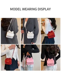Detailed views of mini bow crossbody bags with polka dots in red, white and pink