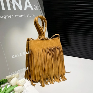 Women Vintage Faux Suede Tassel Shoulder Bag Bohemian PU Leather Crossbody Bag Fashion Fringe Small Square Bag
