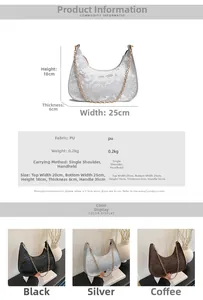 Size chart showing crescent shoulder bag dimensions 25x18x6cm and chain strap details