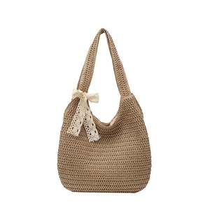 Sac fourre-tout tissé rétro de grande capacité avec nœud en dentelle blanche pour l'été
