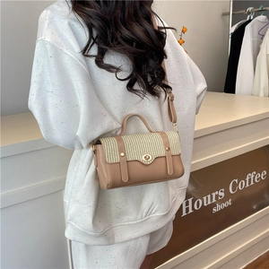 Minimalist beige woven patchwork handbag with crossbody strap and golden twist lock