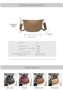 Detailed size chart and specifications for woven PU leather half-moon crossbody bag
