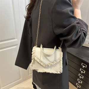 Mini borsa a tracolla crema chic con dettagli a frange e catena dorata per donne