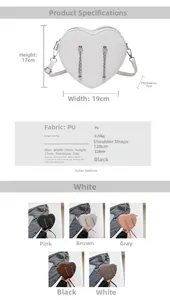 Size guide for heart-shaped PU leather bag with dimensions 19x17x7cm and chain strap