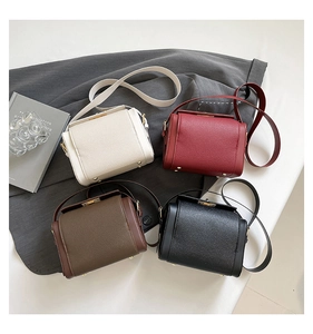 Detail of box crossbody bags in four colors with lychee grain texture and gold hardware