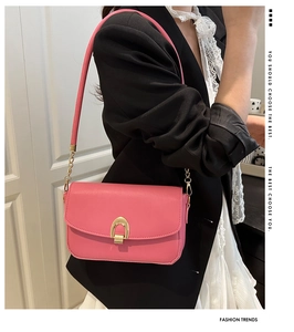 Detail of pink leather handbag with gold horseshoe buckle and chain shoulder strap