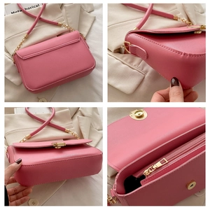Detailed views of pink leather shoulder bag featuring gold twist lock and neat stitching