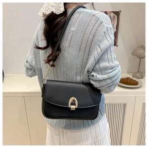 Close-up of black crossbody bag featuring a golden horseshoe metal clasp and chain strap