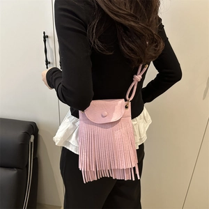 Pink crossbody bag with tassel design and PU leather texture for 2025 trendy women