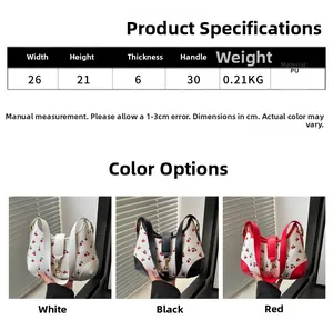 Detailed size chart and multi-color specifications for the printed PU leather handbag