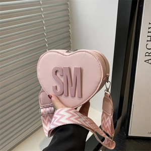 Heart Shaped Crossbody Bag PU Leather SM Letter Decor Wide Fabric Strap Fashion Casual Shoulder Bag For Women