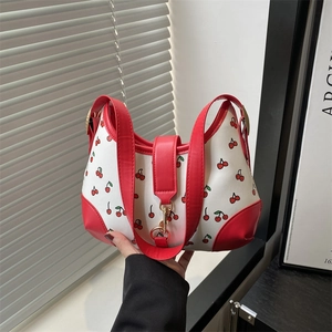 Women Shoulder Hobo Bag Cherry Print PU Leather Retro Sweet Chic Underarm Handbag With Gold Buckle For Daily Use