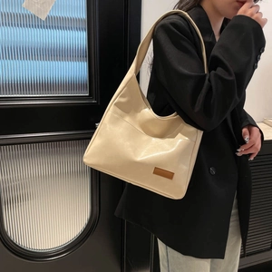 Large vintage beige PU leather tote bag with stylish brown patch for daily work wear